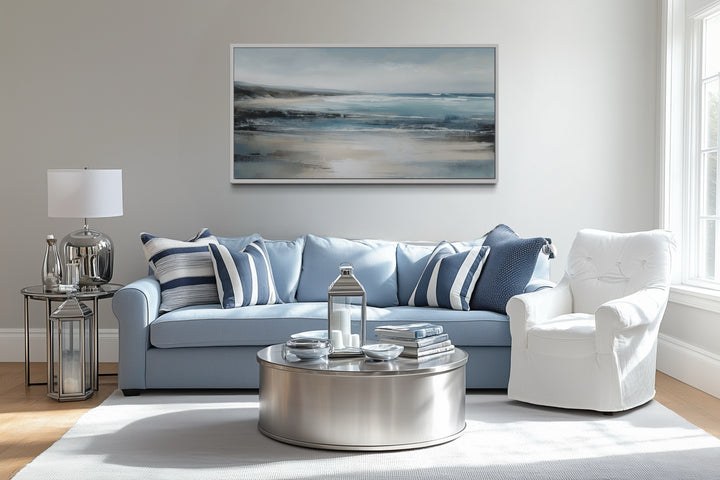 Calm Minimalist Blue Gray Ocean Coastal Framed Canvas Wall