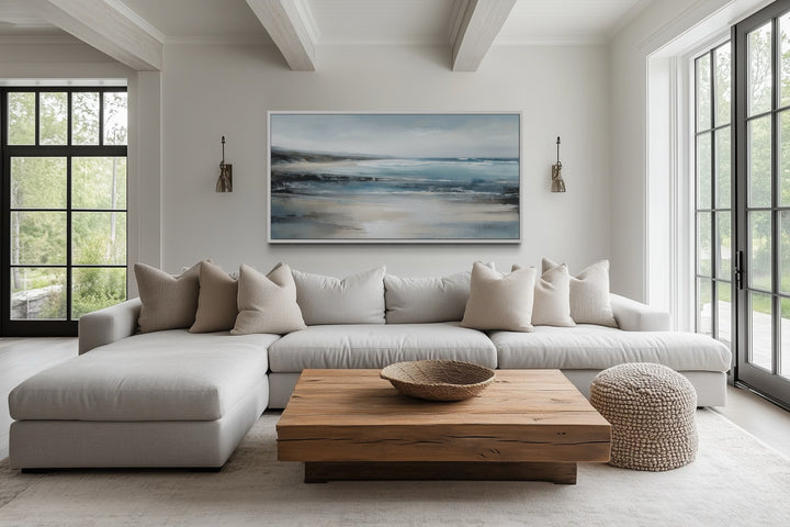 Calm Minimalist Blue Gray Ocean Coastal Framed Canvas Wall