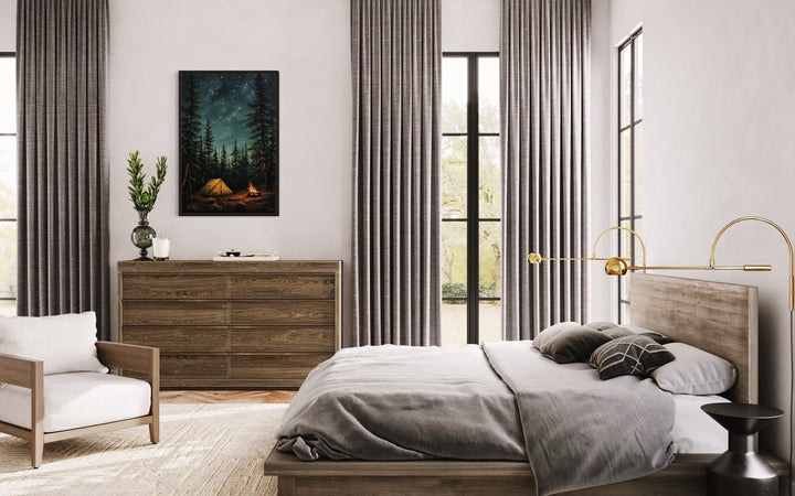 Campfire And Tent In Pine Tree Forest Camping Wall Art