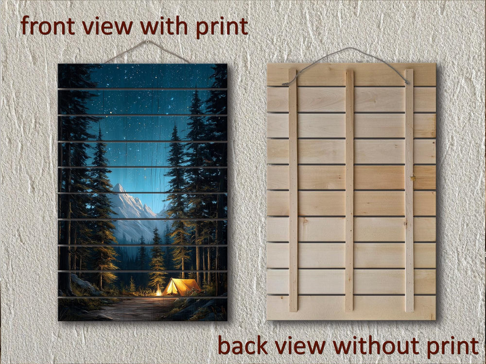 Campfire And Tent Under Stars Distressed Wood Wall Art