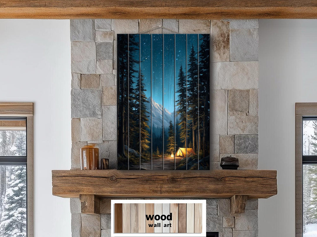 Campfire And Tent Under Stars Distressed Wood Wall Art