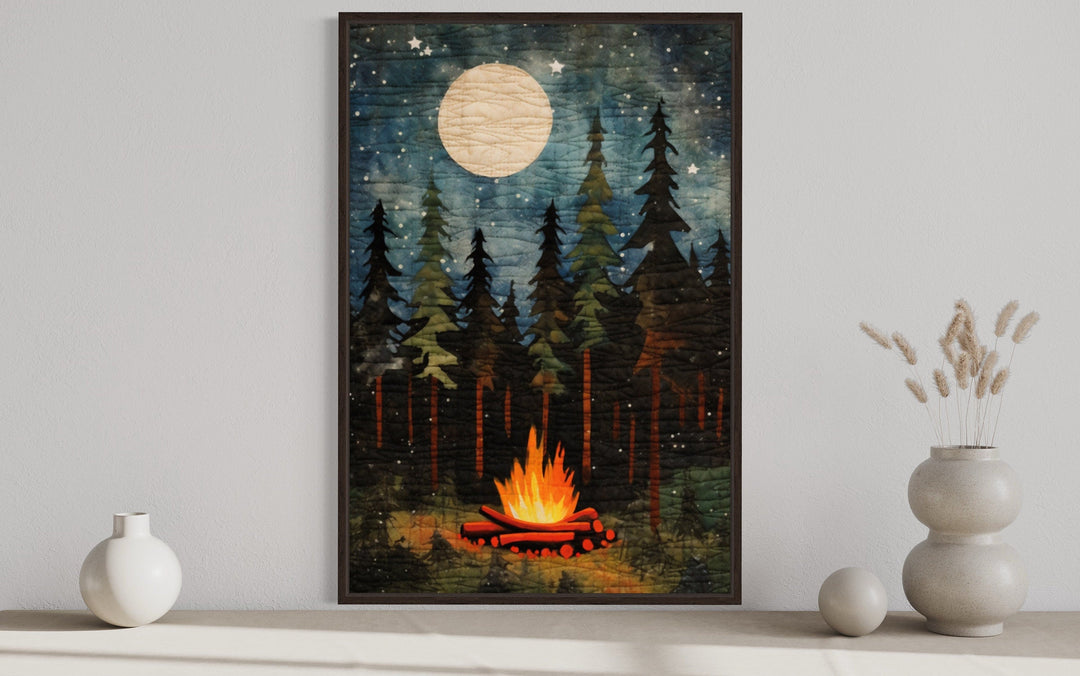 Campfire At Night, Cozy Cabin Over Mantel Framed Canvas Wall Art