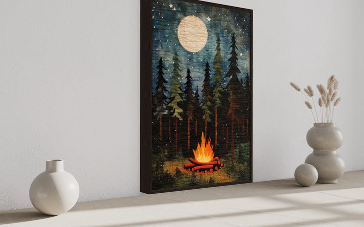 Campfire At Night, Cozy Cabin Over Mantel Framed Canvas Wall Art