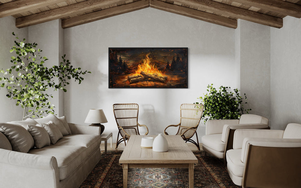Campfire In The Forest Painted On Wood Camping Wall Art