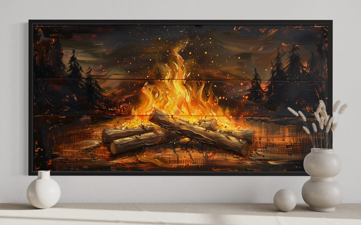 Campfire In The Forest Painted On Wood Camping Wall Art