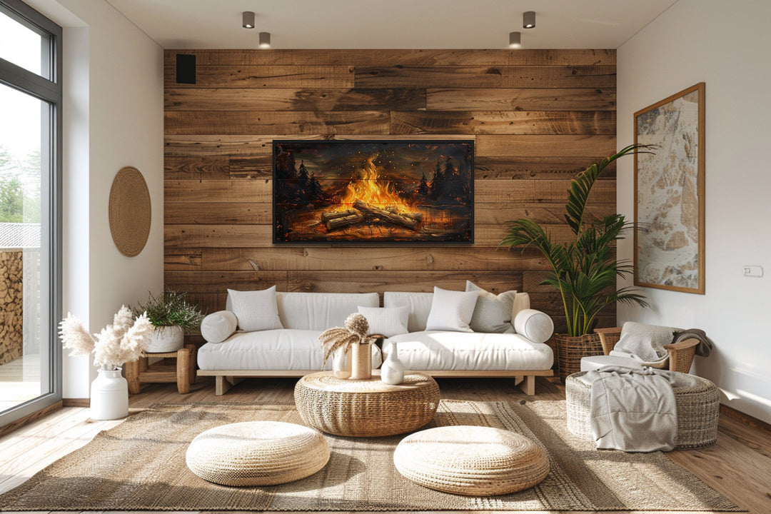 Campfire In The Forest Painted On Wood Camping Wall Art