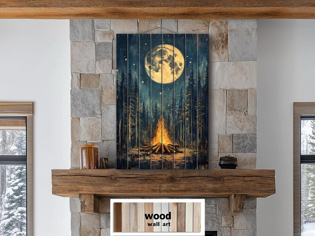 Campfire In The Woods Distressed Wood Wall Art