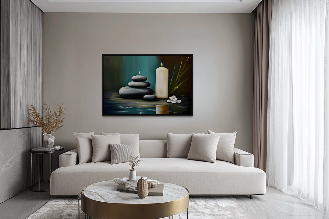 Candles And Stacked Rocks Zen Framed Canvas Wall Art