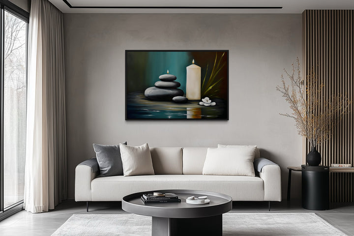 Candles And Stacked Rocks Zen Framed Canvas Wall Art