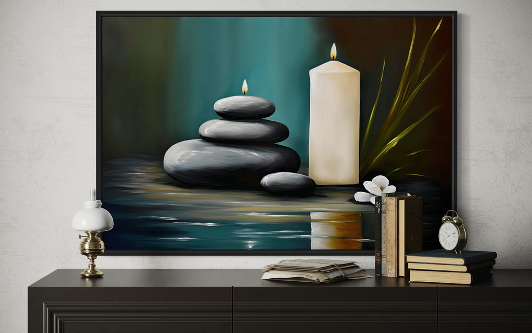 Candles And Stacked Rocks Zen Framed Canvas Wall Art