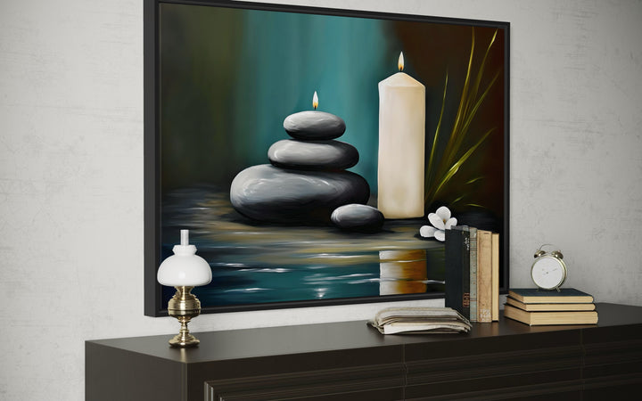 Candles And Stacked Rocks Zen Framed Canvas Wall Art