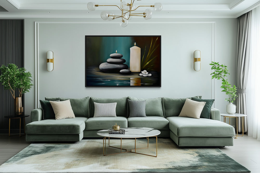 Candles And Stacked Rocks Zen Framed Canvas Wall Art