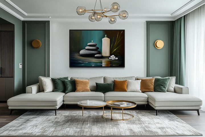 Candles And Stacked Rocks Zen Framed Canvas Wall Art