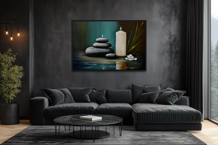 Candles And Stacked Rocks Zen Framed Canvas Wall Art