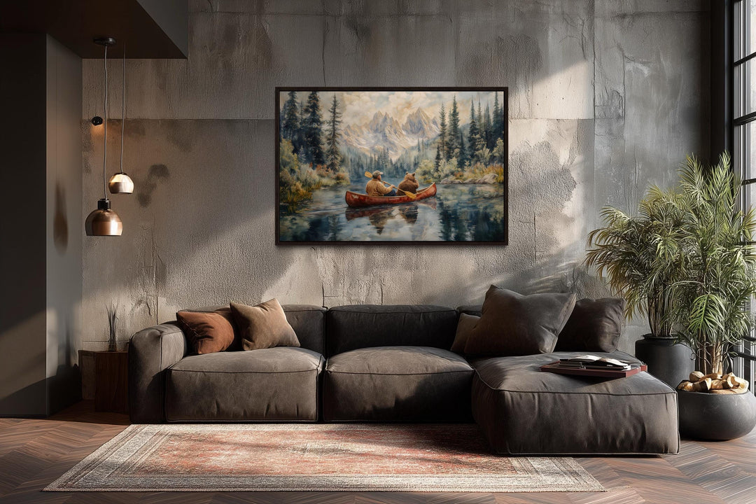Canoe Adventure Wall Art, Man and Bear on Mountain Lake