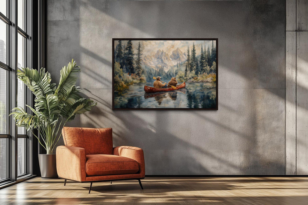Canoe Adventure Wall Art, Man and Bear on Mountain Lake