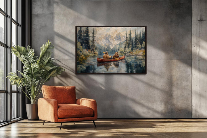 Canoe Adventure Wall Art, Man and Bear on Mountain Lake