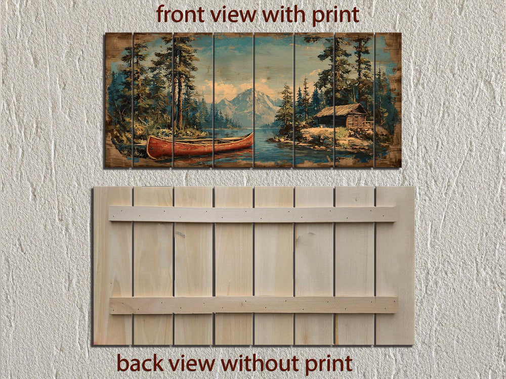 Canoe On Mountain Lake Cabin Scene Rustic Lodge Distressed Wood Wall Art