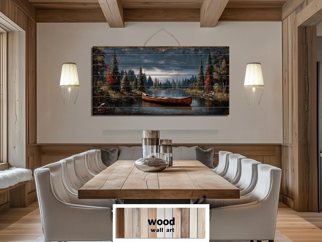 Canoe On Mountain Lake Distressed Wood Wall Art