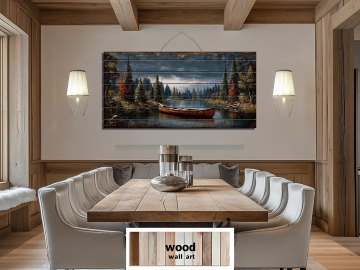Canoe On Mountain Lake Distressed Wood Wall Art