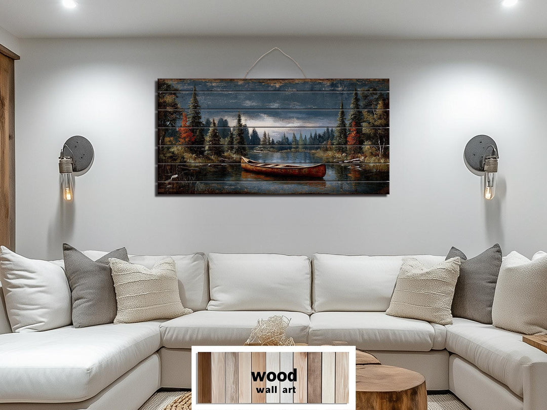 Canoe On Mountain Lake Distressed Wood Wall Art