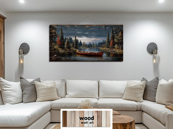 Canoe On Mountain Lake Distressed Wood Wall Art
