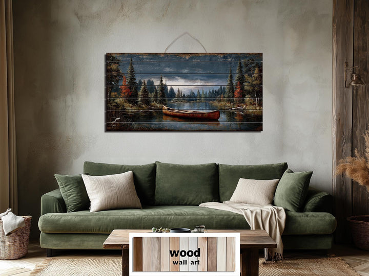 Canoe On Mountain Lake Distressed Wood Wall Art