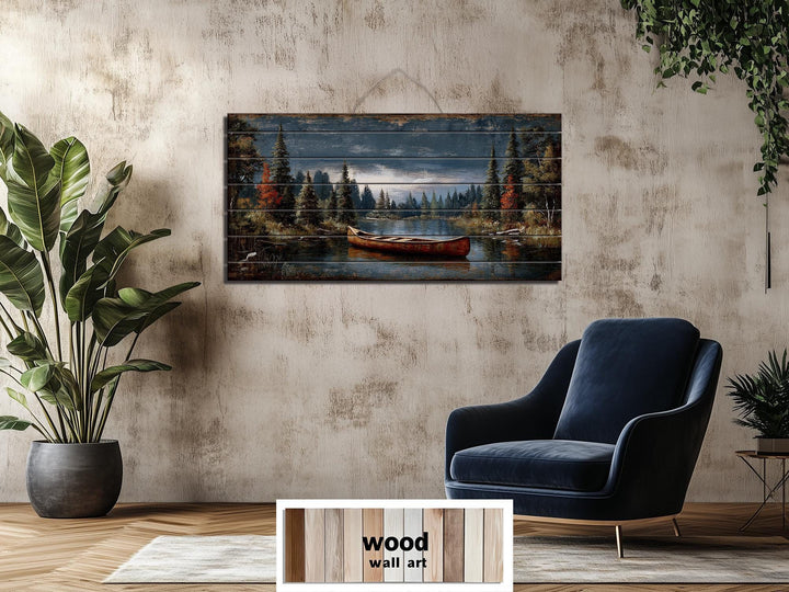 Canoe On Mountain Lake Distressed Wood Wall Art