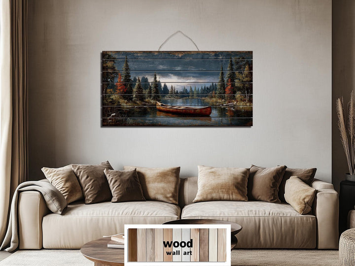 Canoe On Mountain Lake Distressed Wood Wall Art