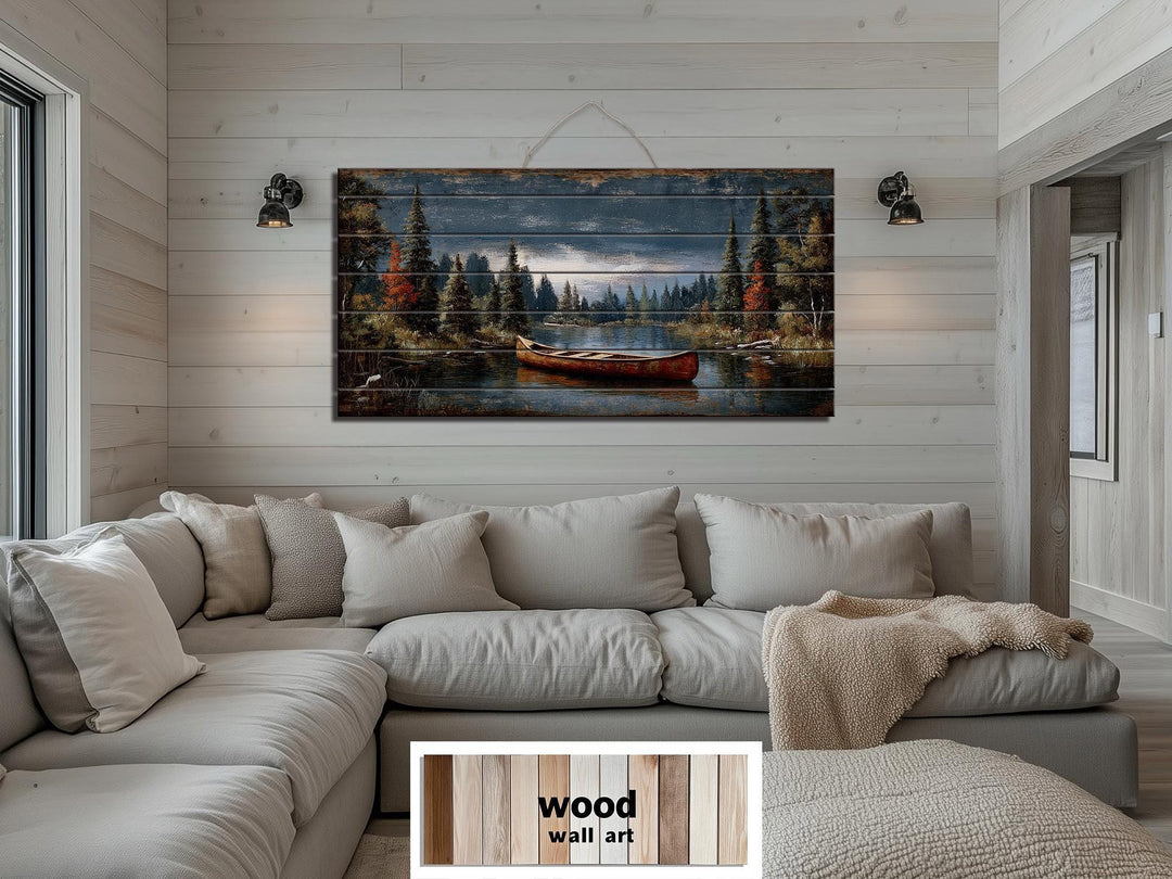 Canoe On Mountain Lake Distressed Wood Wall Art