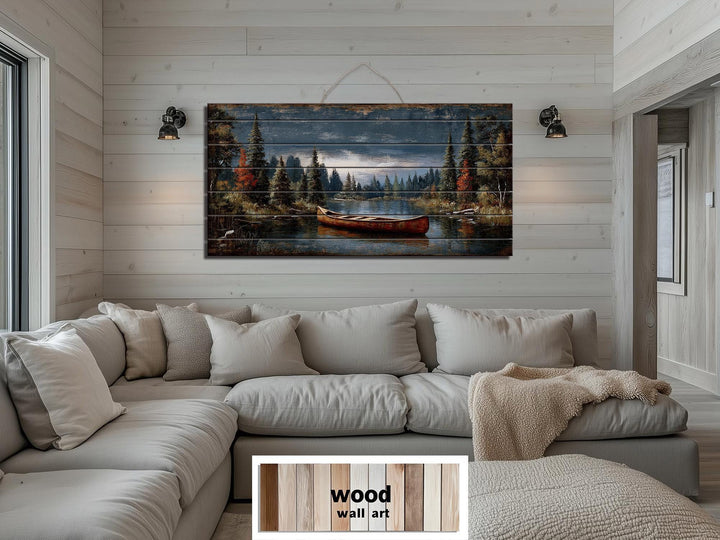 Canoe On Mountain Lake Distressed Wood Wall Art