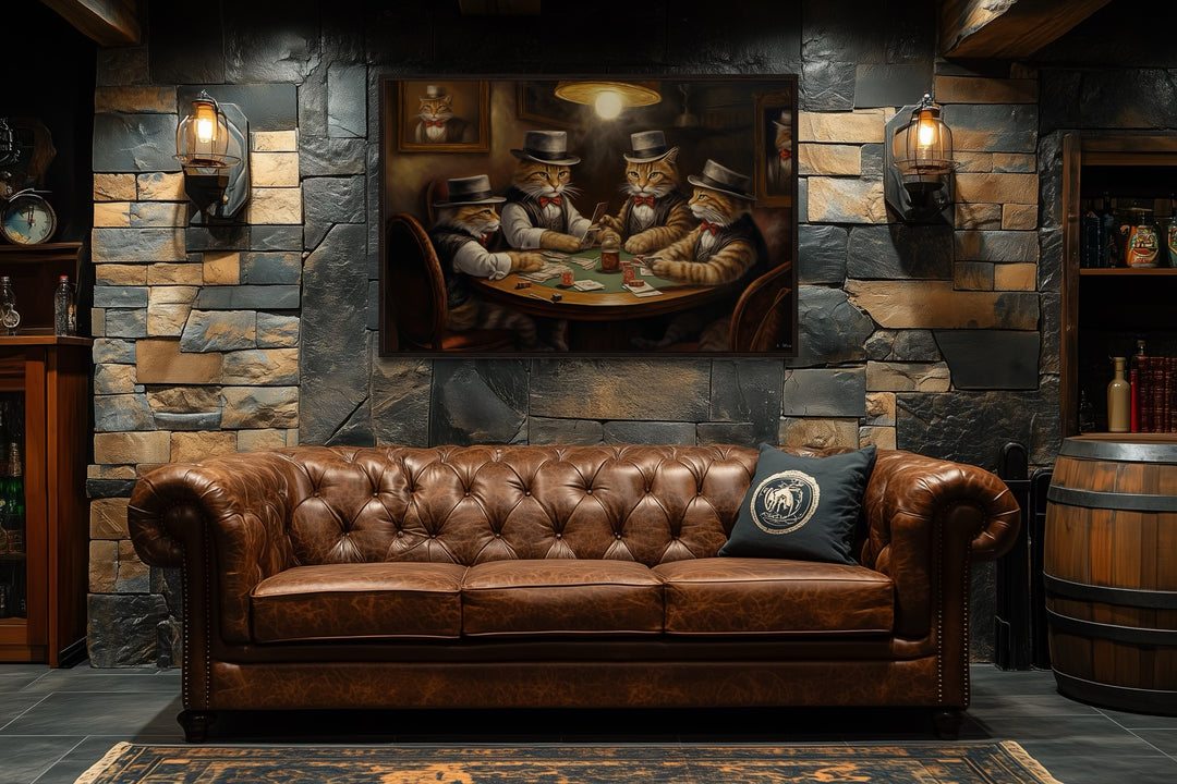 Cats Playing Poker Framed Game Room Canvas Wall Art