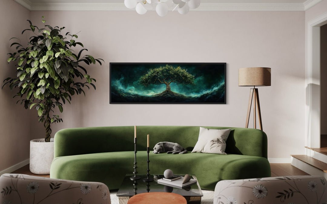 Celtic Tree Of Life Long Narrow Emerald Green Framed Canvas Wall Art