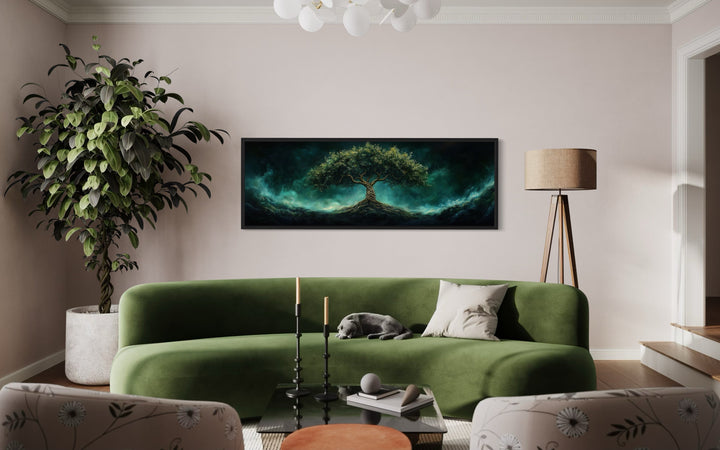 Celtic Tree Of Life Long Narrow Emerald Green Framed Canvas Wall Art