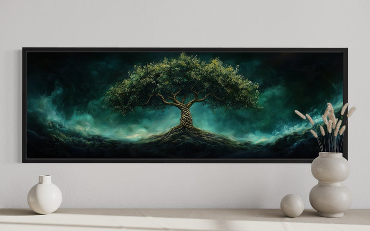 Celtic Tree Of Life Long Narrow Emerald Green Framed Canvas Wall Art