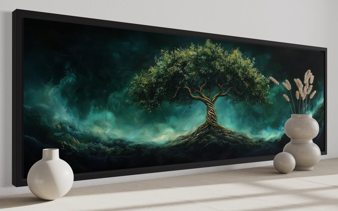 Celtic Tree Of Life Long Narrow Emerald Green Framed Canvas Wall Art