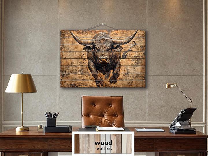 Charging Bull Real Wood Wall Art For Man Cave Or Office Decor