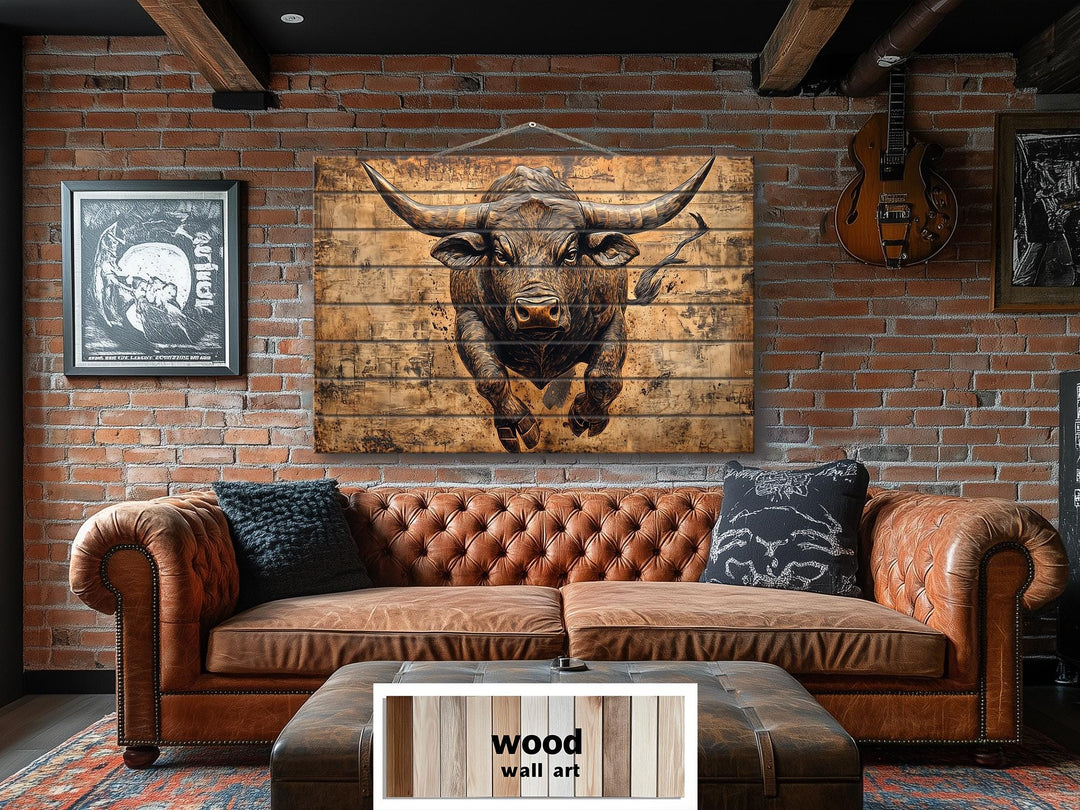Charging Bull Real Wood Wall Art For Man Cave Or Office Decor