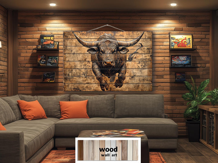 Charging Bull Real Wood Wall Art For Man Cave Or Office Decor