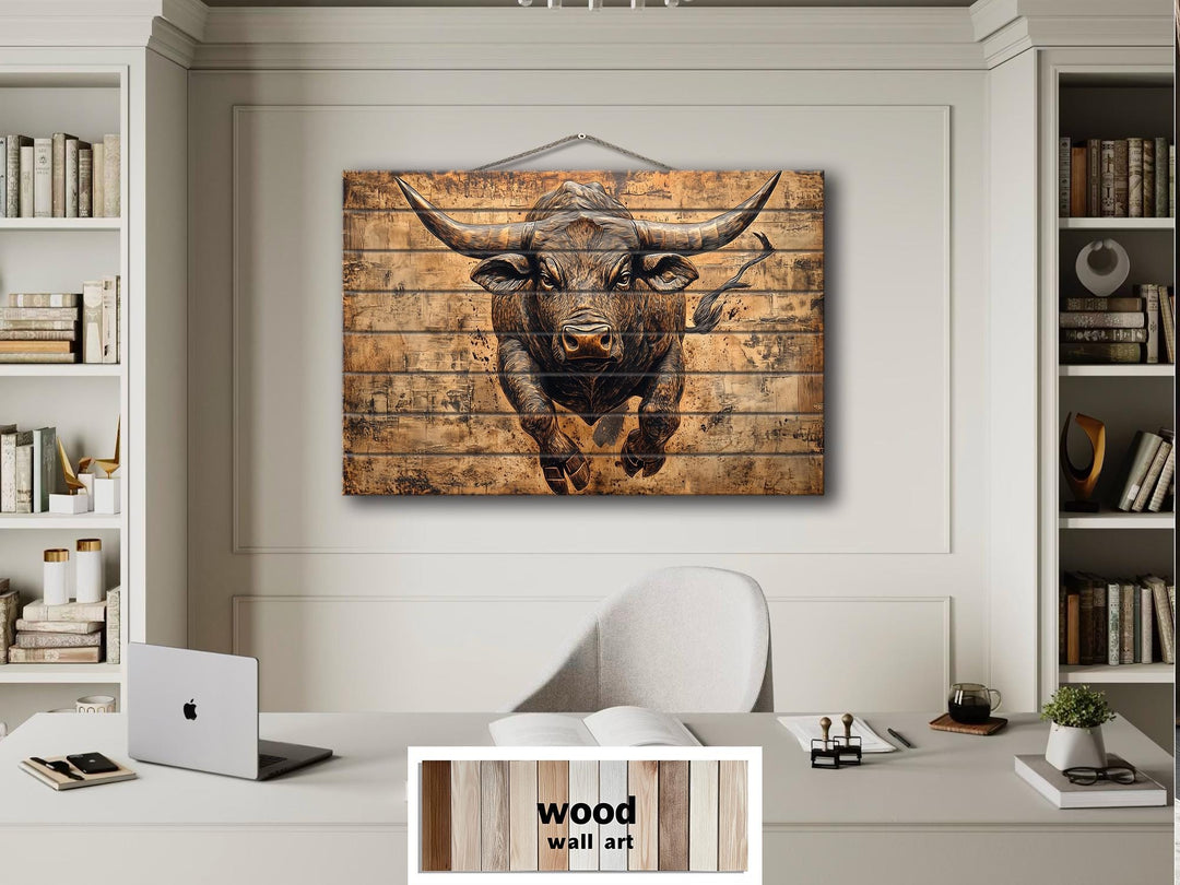 Charging Bull Real Wood Wall Art For Man Cave Or Office Decor