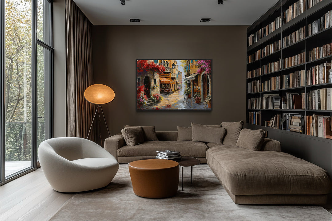 Charming Italian Street With Restaurants Framed Canvas Wall Art