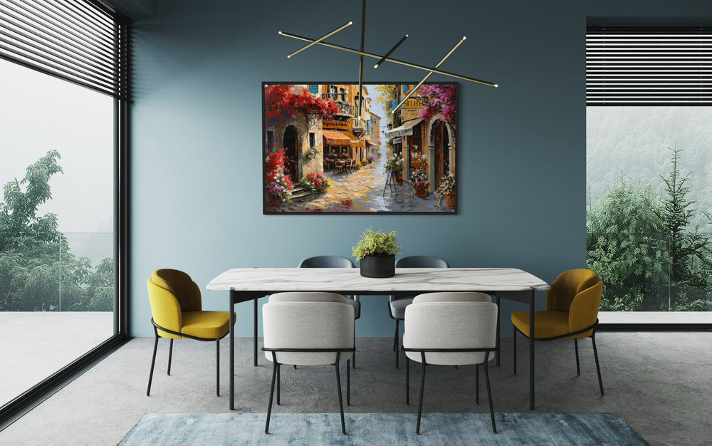 Charming Italian Street With Restaurants Framed Canvas Wall Art