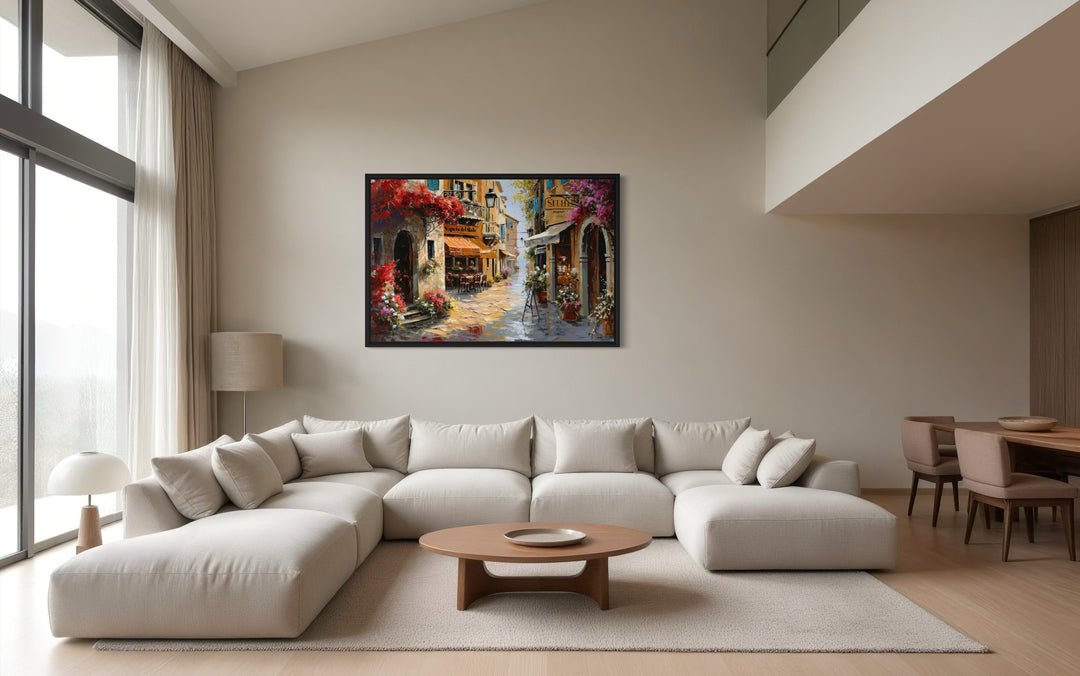 Charming Italian Street With Restaurants Framed Canvas Wall Art
