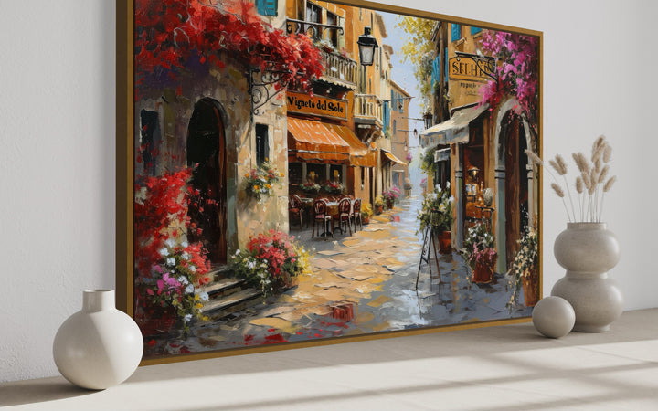 Charming Italian Street With Restaurants Framed Canvas Wall Art