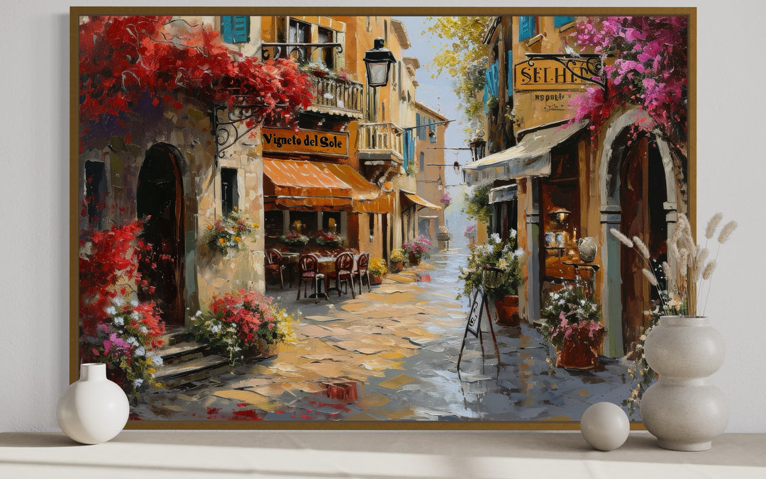 Charming Italian Street With Restaurants Framed Canvas Wall Art