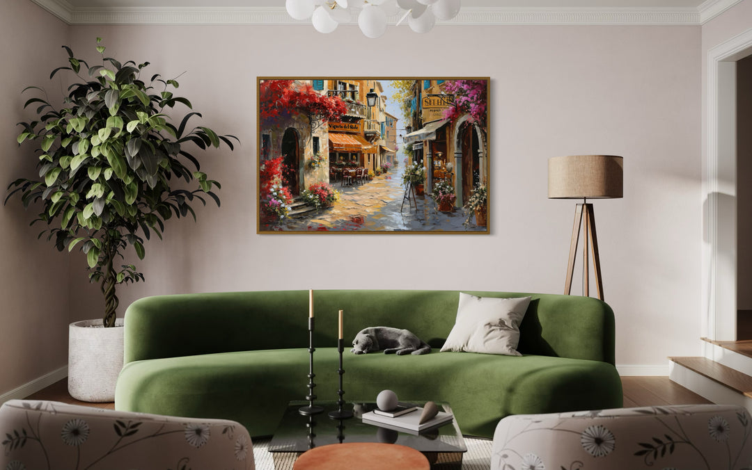 Charming Italian Street With Restaurants Framed Canvas Wall Art