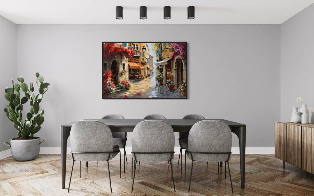Charming Italian Street With Restaurants Framed Canvas Wall Art