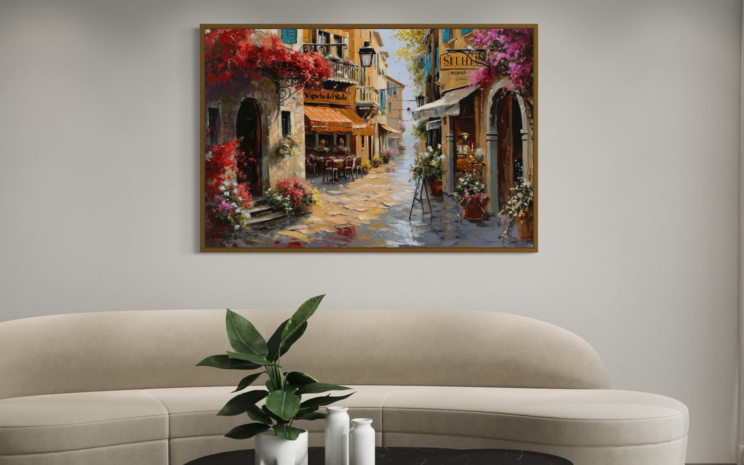 Charming Italian Street With Restaurants Framed Canvas Wall Art
