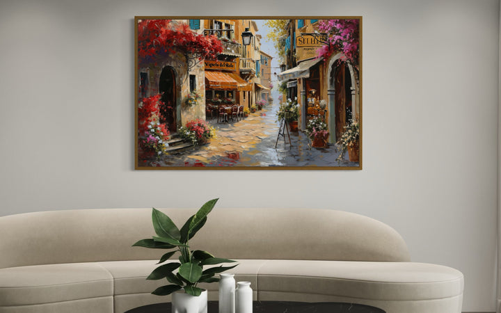 Charming Italian Street With Restaurants Framed Canvas Wall Art