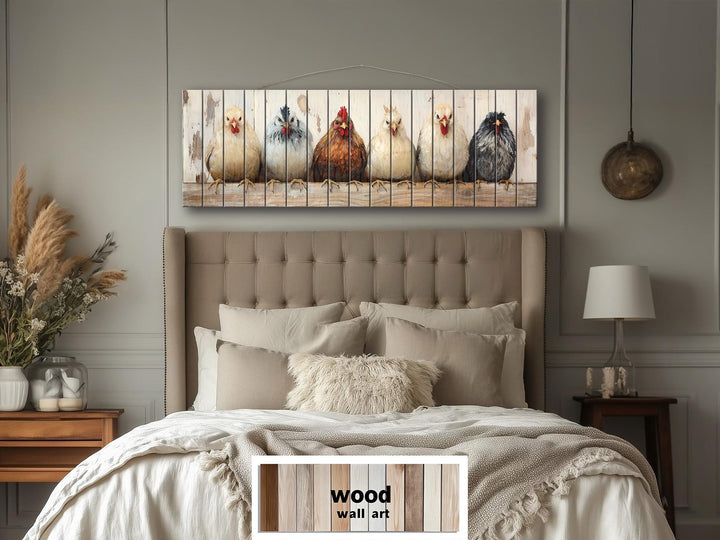 Chicken And Hens Lineup Real Wood Long Horizontal Wall Art For Farmhouse Kitchen Or Bedroom